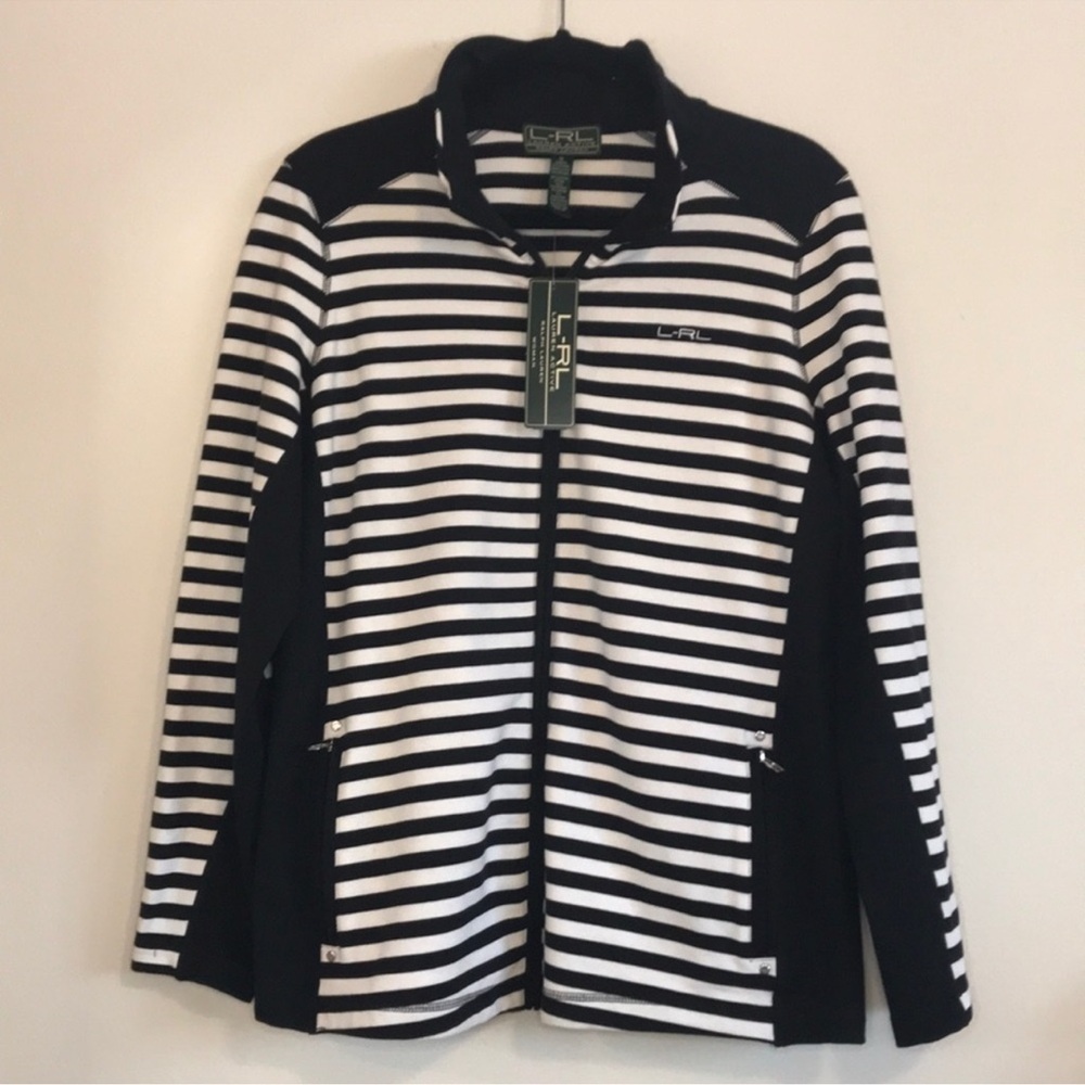 NWT Lauren Ralph Lauren L-RL Lauren Active Striped Zip Jacket Black White Sz 1X - Picture 2 of 10